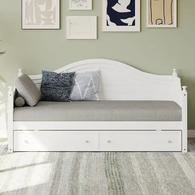 Cadre de lit de repos double blanc en bois Deux tiroirs de rangement Bois d'hévéa MDF