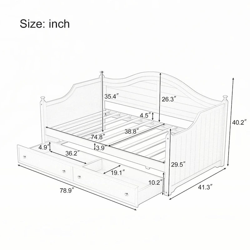 Cadre de lit de repos double blanc en bois Deux tiroirs de rangement Bois d'hévéa MDF
