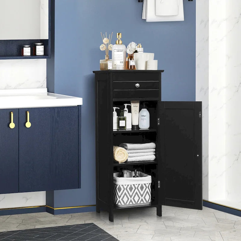 Meuble de salle de bain en MDF noir P2, 1 tiroir, 1 porte, étagère réglable, anti-basculement