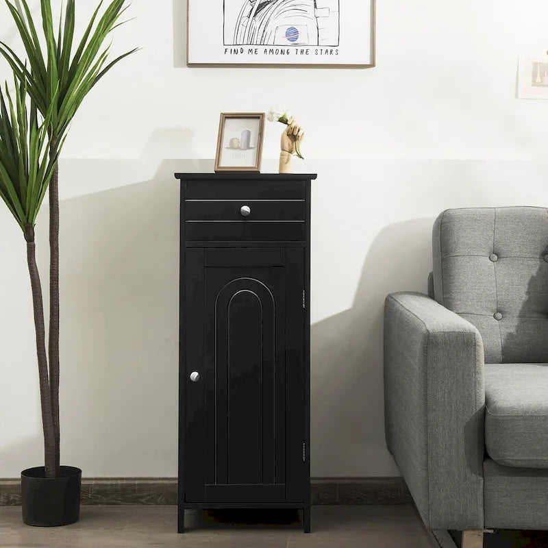 Meuble de salle de bain en MDF noir P2, 1 tiroir, 1 porte, étagère réglable, anti-basculement