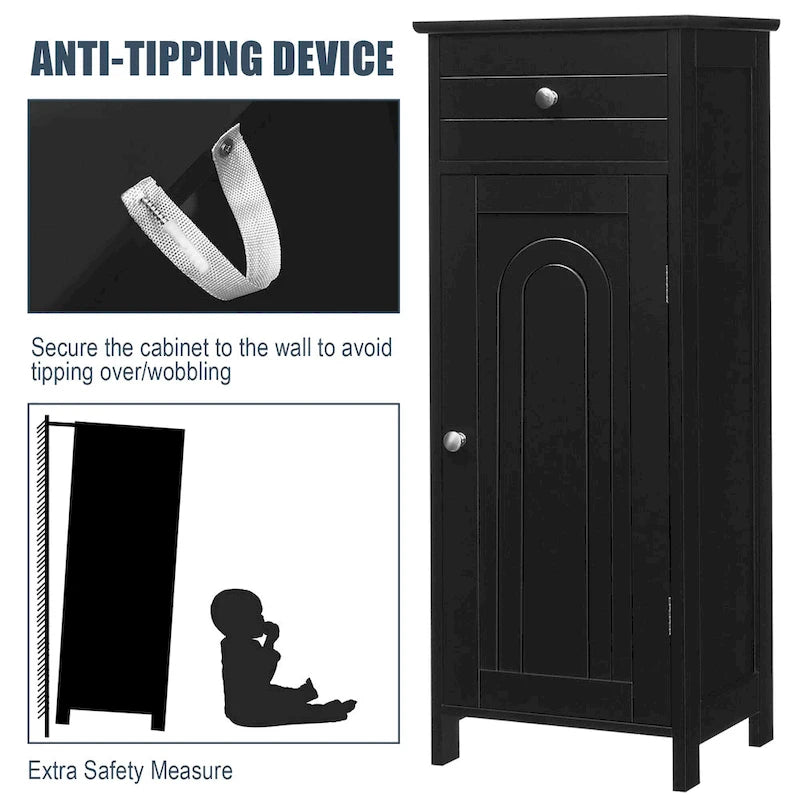 Meuble de salle de bain en MDF noir P2, 1 tiroir, 1 porte, étagère réglable, anti-basculement