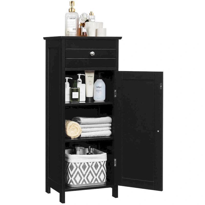 Meuble de salle de bain en MDF noir P2, 1 tiroir, 1 porte, étagère réglable, anti-basculement