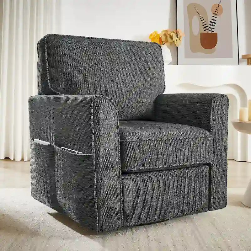 Fauteuil d'appoint baril en chenille grise, pivotant à 360°, poches latérales, accoudoirs arrondis ergonomiques