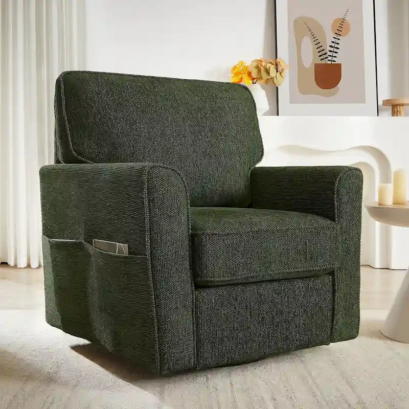 Fauteuil d'appoint baril en chenille grise, pivotant à 360°, poches latérales, accoudoirs arrondis ergonomiques