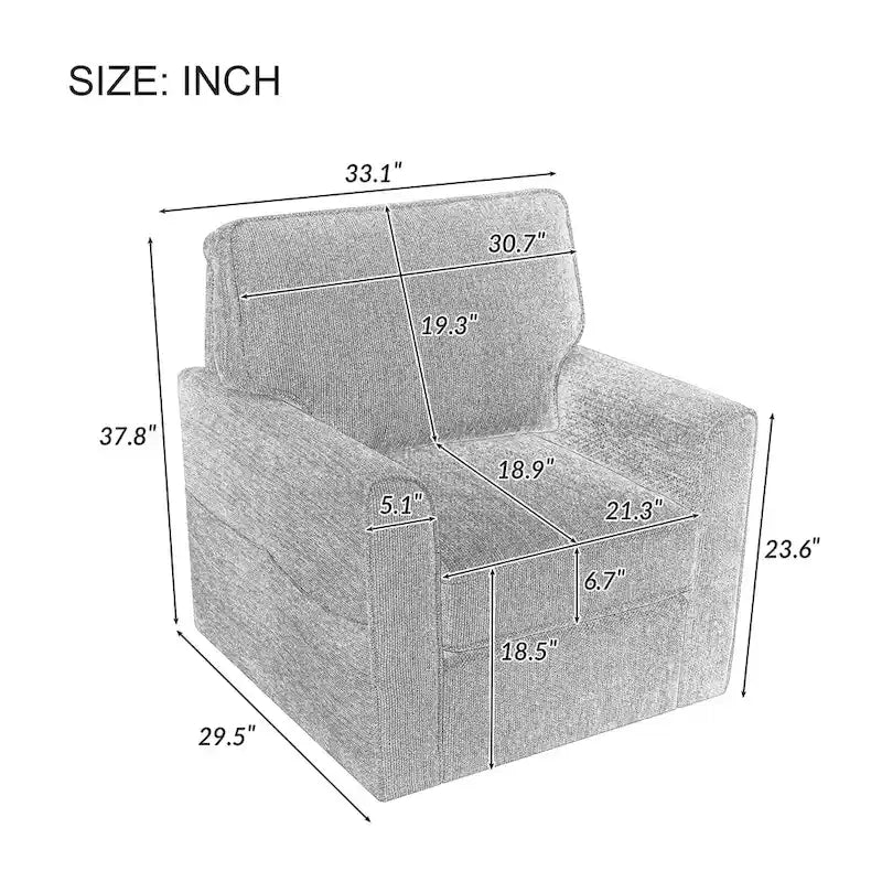 Fauteuil d'appoint baril en chenille grise, pivotant à 360°, poches latérales, accoudoirs arrondis ergonomiques