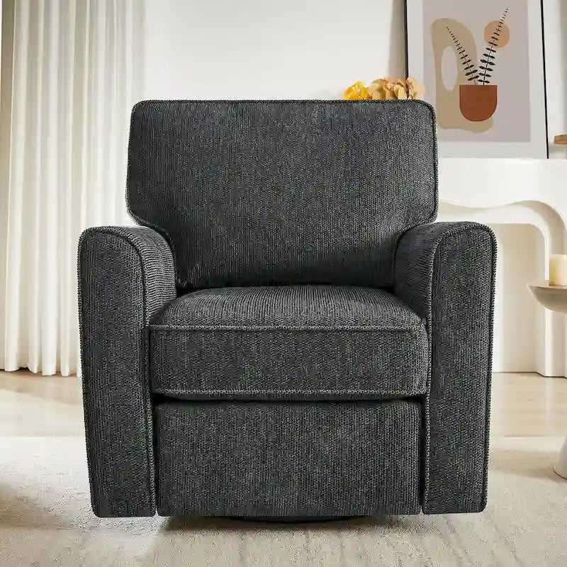 Fauteuil d'appoint baril en chenille grise, pivotant à 360°, poches latérales, accoudoirs arrondis ergonomiques