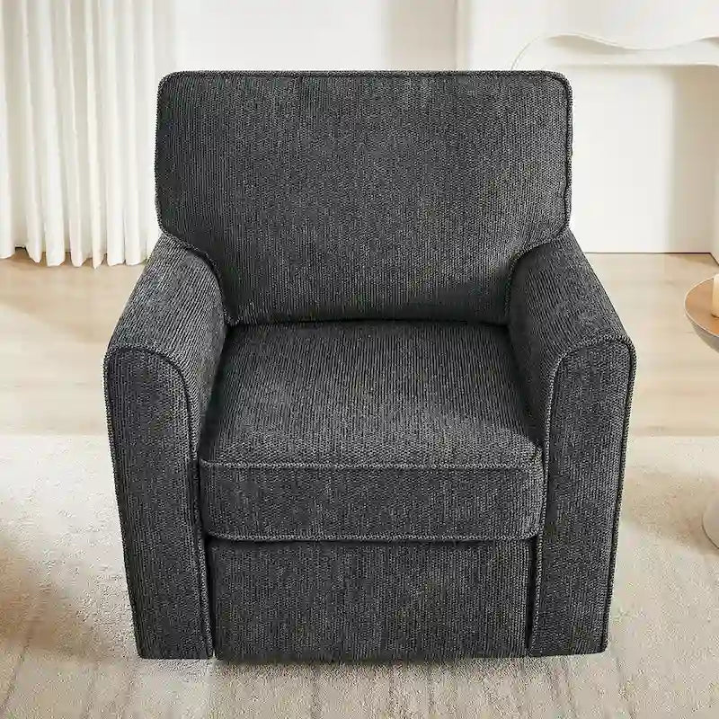 Fauteuil d'appoint baril en chenille grise, pivotant à 360°, poches latérales, accoudoirs arrondis ergonomiques