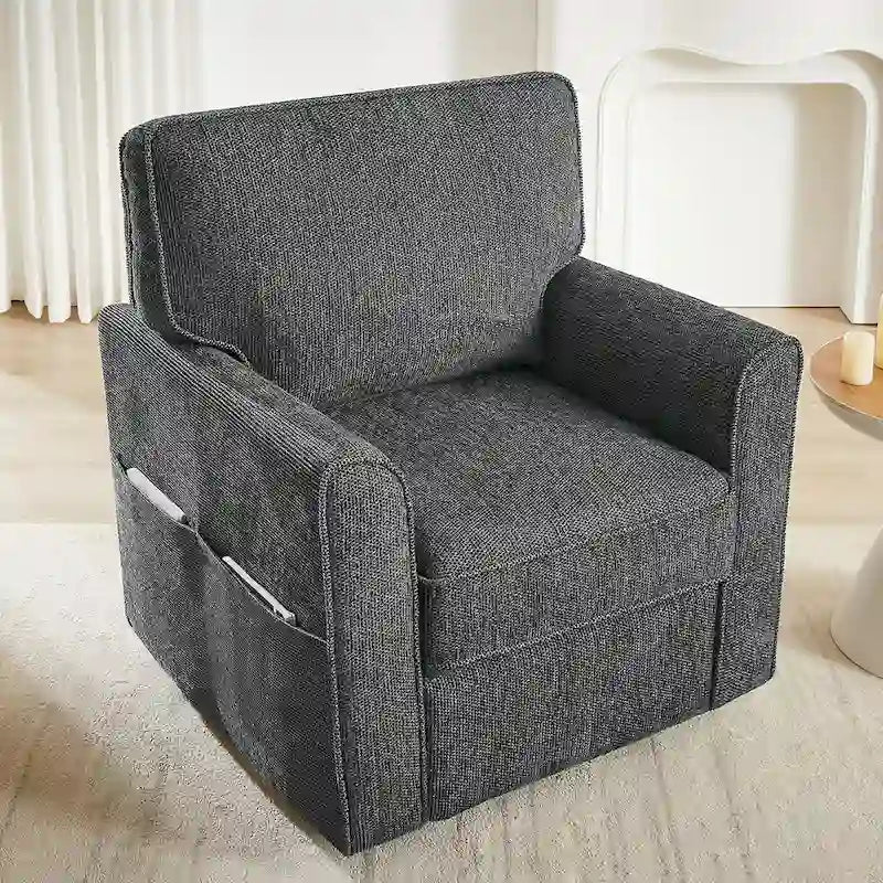 Fauteuil d'appoint baril en chenille grise, pivotant à 360°, poches latérales, accoudoirs arrondis ergonomiques