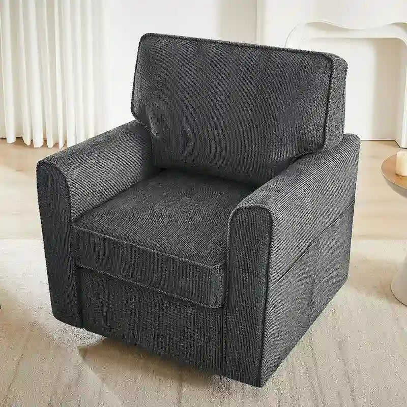Fauteuil d'appoint baril en chenille grise, pivotant à 360°, poches latérales, accoudoirs arrondis ergonomiques
