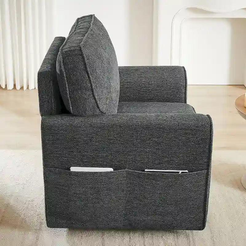 Fauteuil d'appoint baril en chenille grise, pivotant à 360°, poches latérales, accoudoirs arrondis ergonomiques
