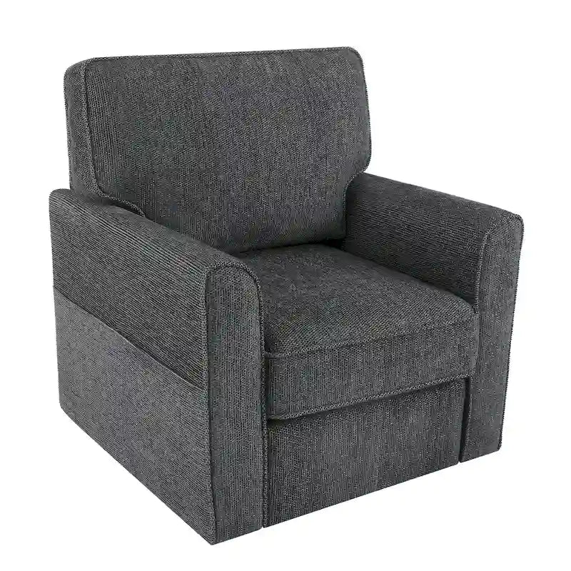 Fauteuil d'appoint baril en chenille grise, pivotant à 360°, poches latérales, accoudoirs arrondis ergonomiques