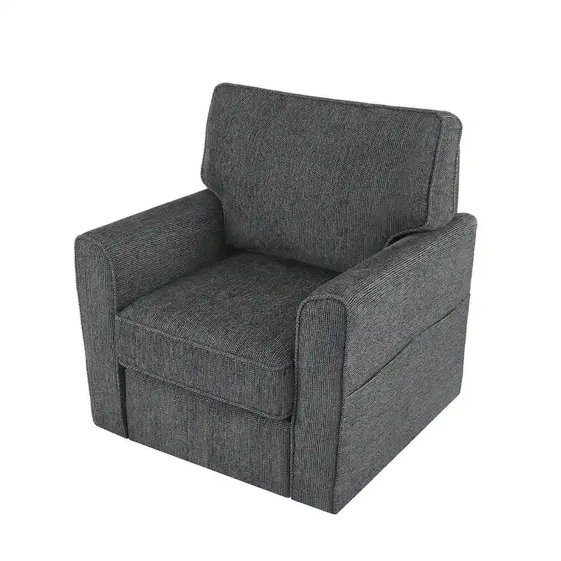 Fauteuil d'appoint baril en chenille grise, pivotant à 360°, poches latérales, accoudoirs arrondis ergonomiques