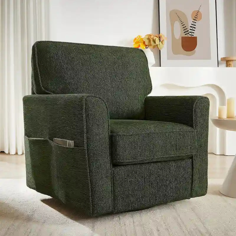 Fauteuil d'appoint baril en chenille grise, pivotant à 360°, poches latérales, accoudoirs arrondis ergonomiques