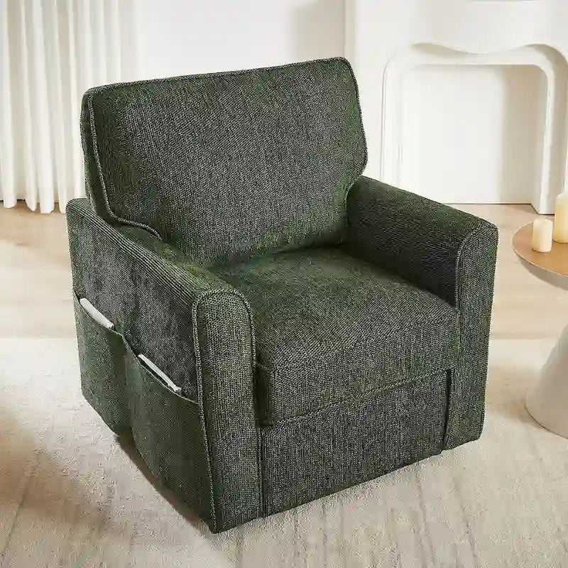 Fauteuil d'appoint baril en chenille grise, pivotant à 360°, poches latérales, accoudoirs arrondis ergonomiques