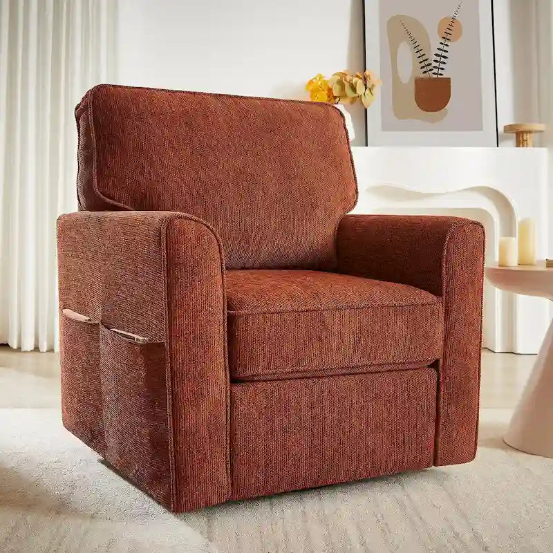 Fauteuil d'appoint baril en chenille grise, pivotant à 360°, poches latérales, accoudoirs arrondis ergonomiques