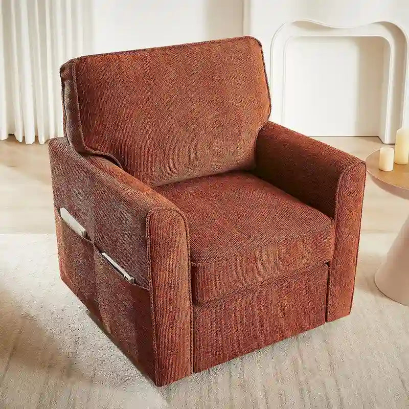 Fauteuil d'appoint baril en chenille grise, pivotant à 360°, poches latérales, accoudoirs arrondis ergonomiques