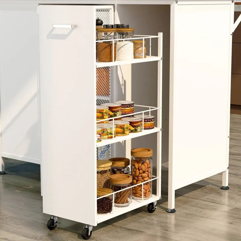 Îlot de cuisine portable en métal avec plan de travail, armoire à panneaux pliants, étagères et tiroirs, crochets