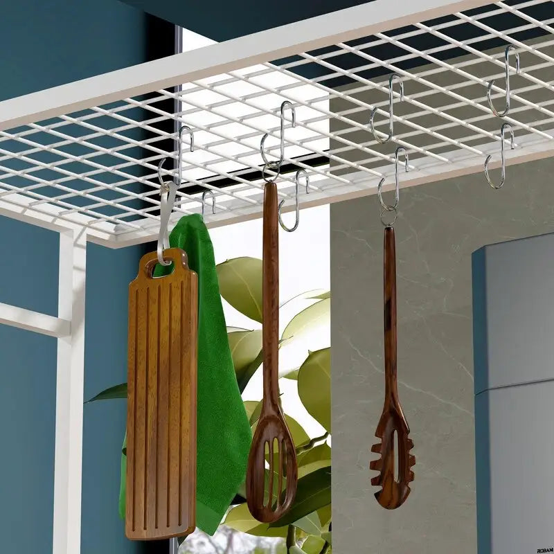 Îlot de cuisine portable en métal avec plan de travail, armoire à panneaux pliants, étagères et tiroirs, crochets
