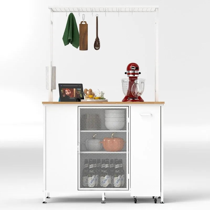 Îlot de cuisine portable en métal avec plan de travail, armoire à panneaux pliants, étagères et tiroirs, crochets