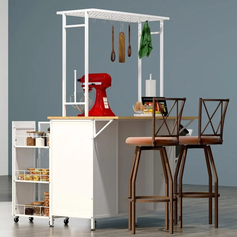 Îlot de cuisine portable en métal avec plan de travail, armoire à panneaux pliants, étagères et tiroirs, crochets