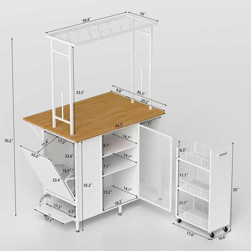 Îlot de cuisine portable en métal avec plan de travail, armoire à panneaux pliants, étagères et tiroirs, crochets
