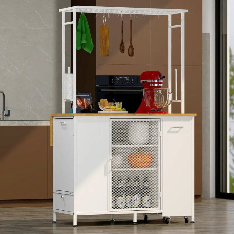 Îlot de cuisine portable en métal avec plan de travail, armoire à panneaux pliants, étagères et tiroirs, crochets