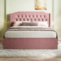 Lit plateforme Queen en velours rose avec tête de lit capitonnée à oreilles et rangement sous le lit