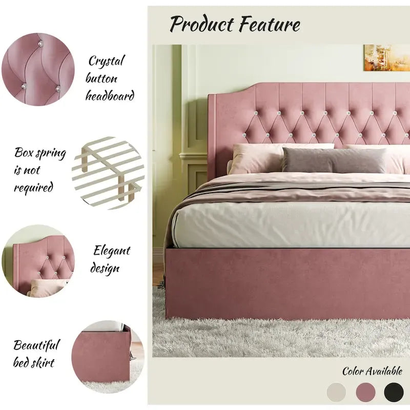 Lit plateforme Queen en velours rose avec tête de lit capitonnée à oreilles et rangement sous le lit