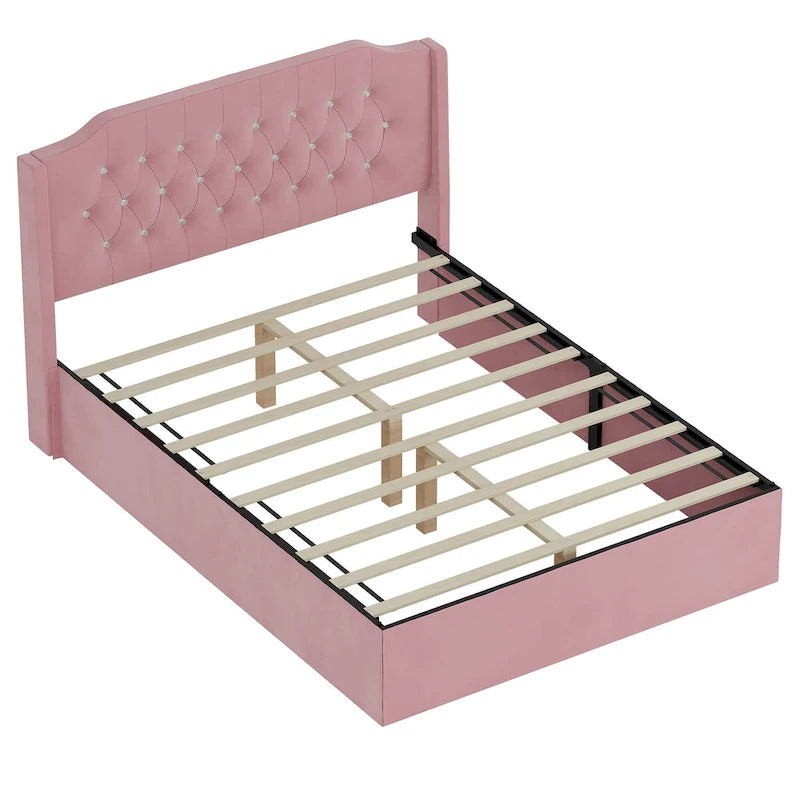 Lit plateforme Queen en velours rose avec tête de lit capitonnée à oreilles et rangement sous le lit