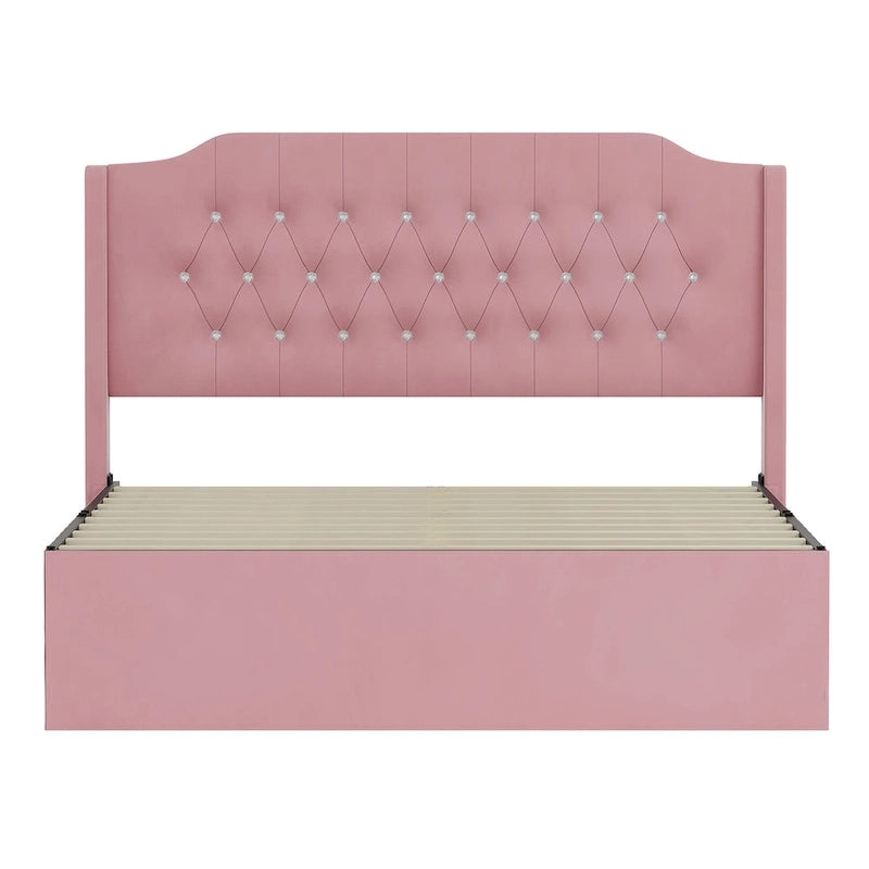 Lit plateforme Queen en velours rose avec tête de lit capitonnée à oreilles et rangement sous le lit