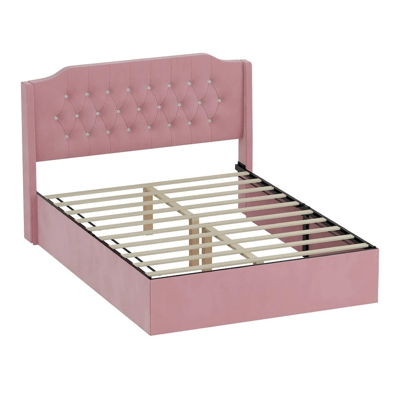 Lit plateforme Queen en velours rose avec tête de lit capitonnée à oreilles et rangement sous le lit