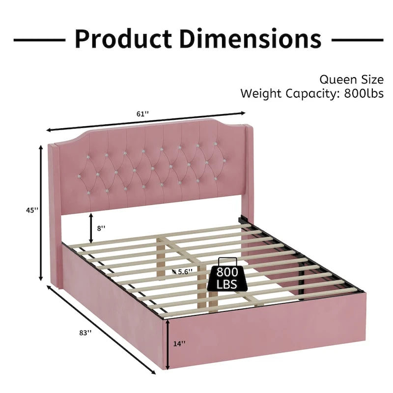 Lit plateforme Queen en velours rose avec tête de lit capitonnée à oreilles et rangement sous le lit