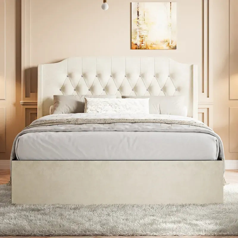 Lit plateforme Queen en velours rose avec tête de lit capitonnée à oreilles et rangement sous le lit