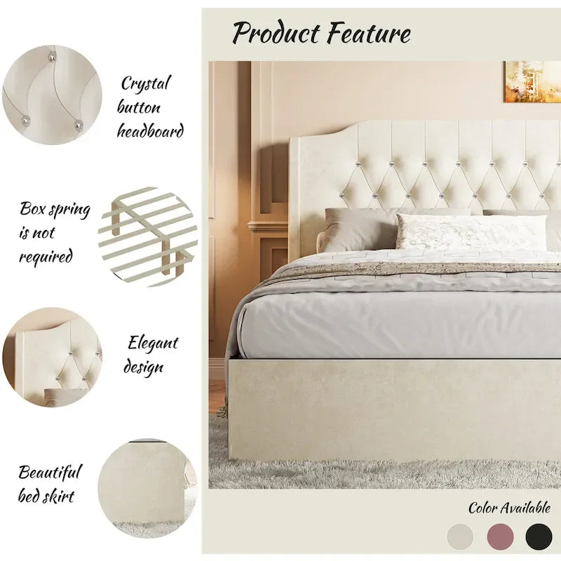 Lit plateforme Queen en velours rose avec tête de lit capitonnée à oreilles et rangement sous le lit