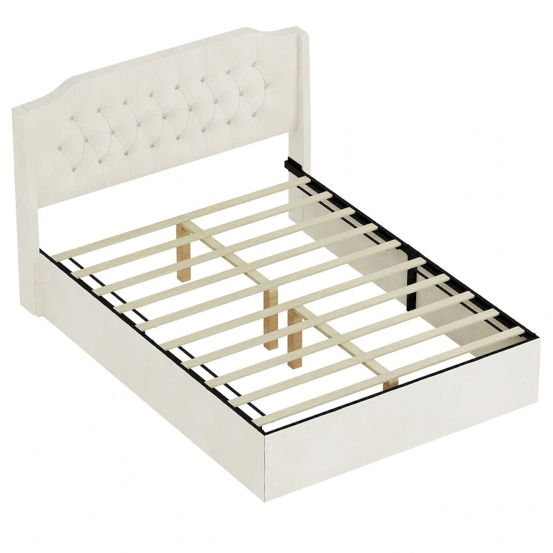 Lit plateforme Queen en velours rose avec tête de lit capitonnée à oreilles et rangement sous le lit