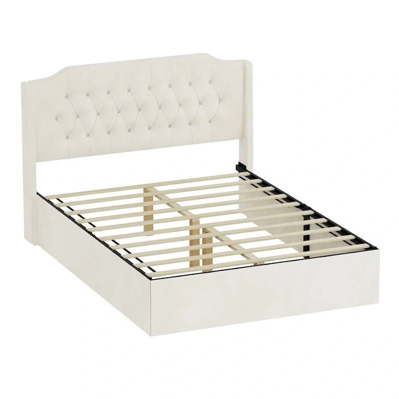 Lit plateforme Queen en velours rose avec tête de lit capitonnée à oreilles et rangement sous le lit
