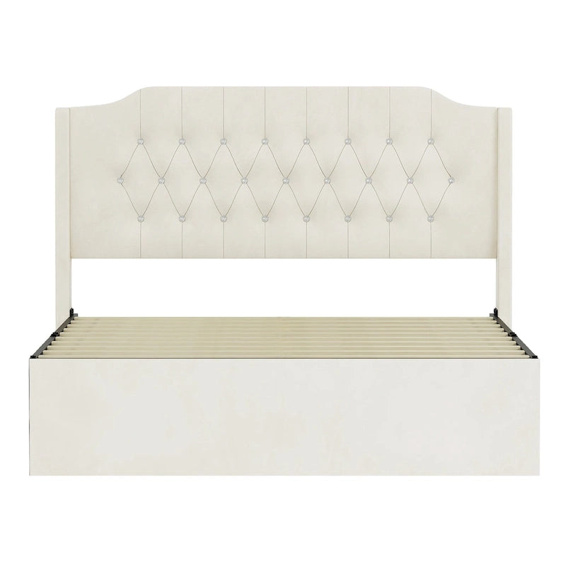 Lit plateforme Queen en velours rose avec tête de lit capitonnée à oreilles et rangement sous le lit
