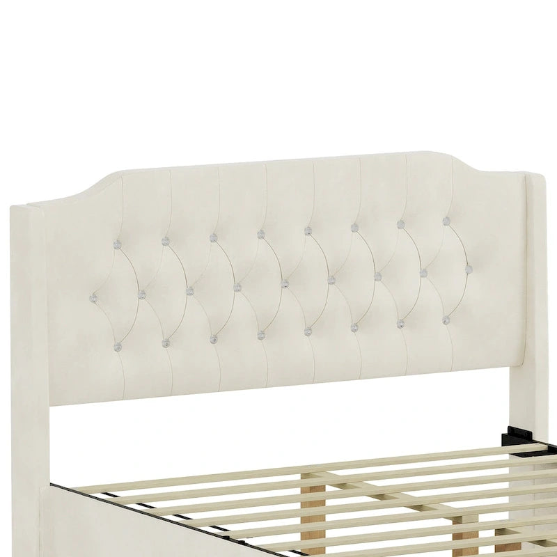 Lit plateforme Queen en velours rose avec tête de lit capitonnée à oreilles et rangement sous le lit