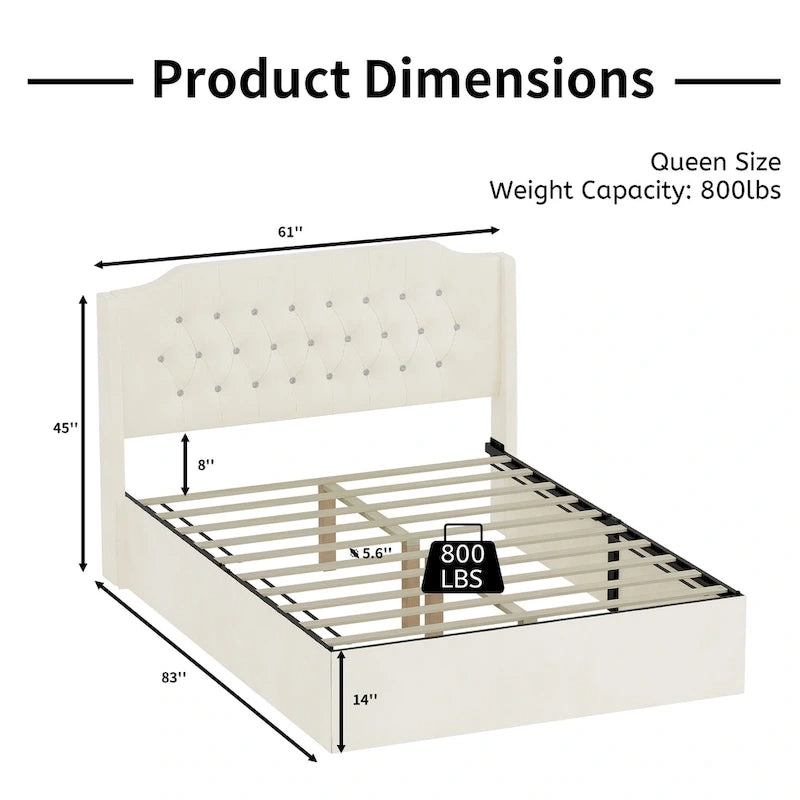Lit plateforme Queen en velours rose avec tête de lit capitonnée à oreilles et rangement sous le lit