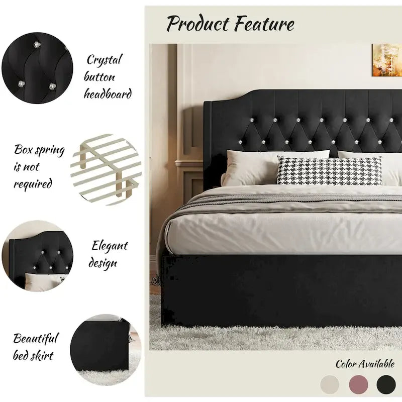 Lit plateforme Queen en velours rose avec tête de lit capitonnée à oreilles et rangement sous le lit