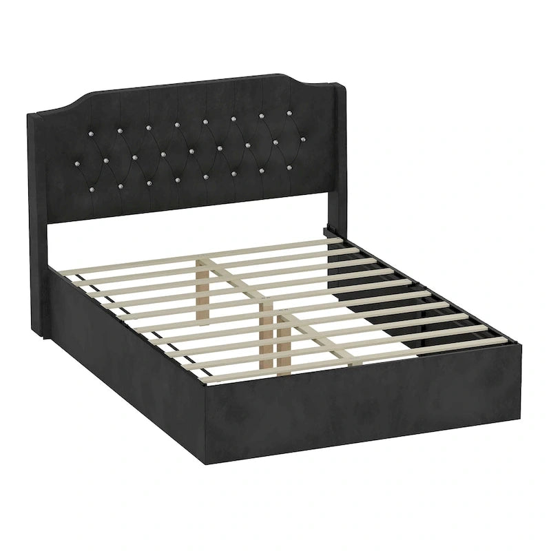 Lit plateforme Queen en velours rose avec tête de lit capitonnée à oreilles et rangement sous le lit