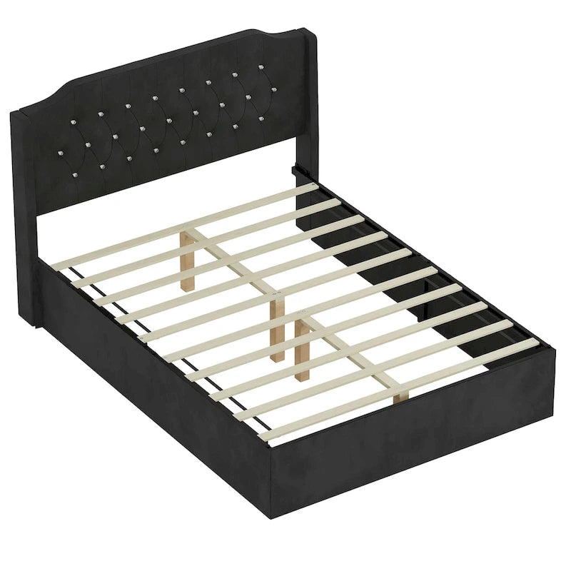 Lit plateforme Queen en velours rose avec tête de lit capitonnée à oreilles et rangement sous le lit