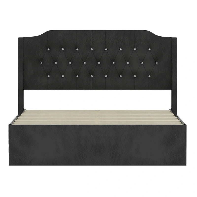 Lit plateforme Queen en velours rose avec tête de lit capitonnée à oreilles et rangement sous le lit