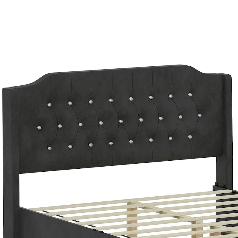 Lit plateforme Queen en velours rose avec tête de lit capitonnée à oreilles et rangement sous le lit