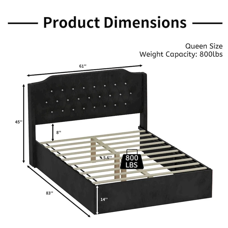 Lit plateforme Queen en velours rose avec tête de lit capitonnée à oreilles et rangement sous le lit