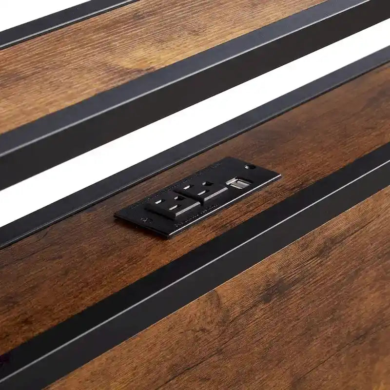 Cadre de lit plateforme en métal noir et marron avec tête et pied de lit en bois, USB, taille jumeau