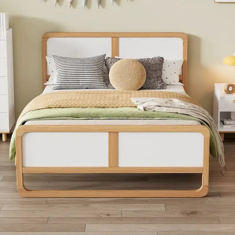 Lit plateforme complet Noyer blanc Pin MDF Silhouette incurvée Coins arrondis