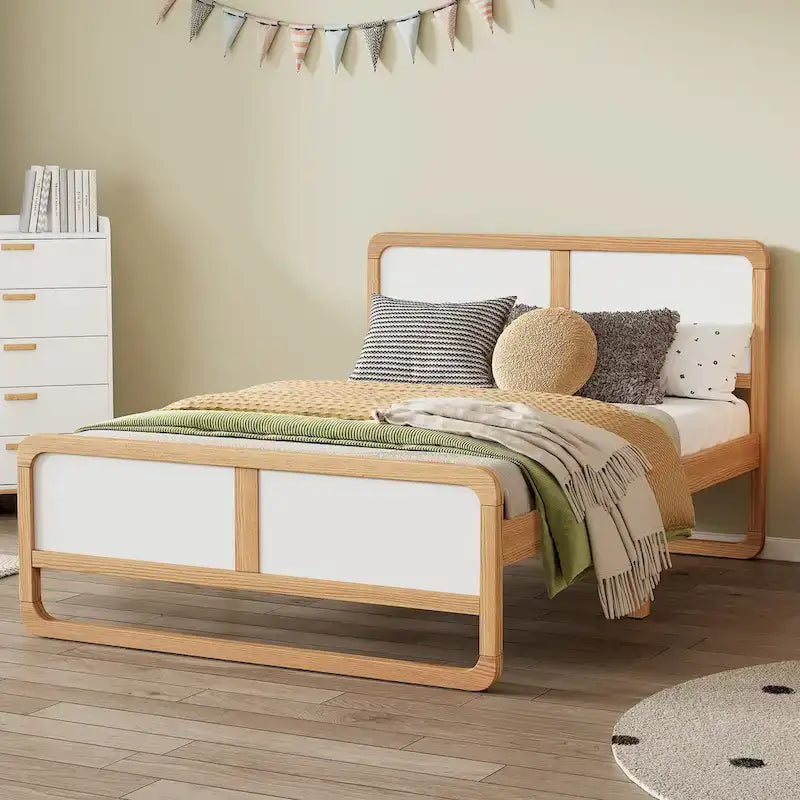 Lit plateforme complet Noyer blanc Pin MDF Silhouette incurvée Coins arrondis