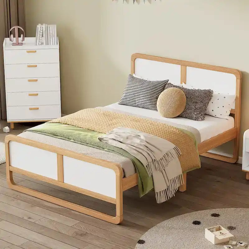 Lit plateforme complet Noyer blanc Pin MDF Silhouette incurvée Coins arrondis