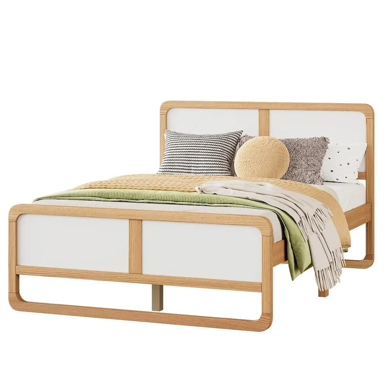 Lit plateforme complet Noyer blanc Pin MDF Silhouette incurvée Coins arrondis